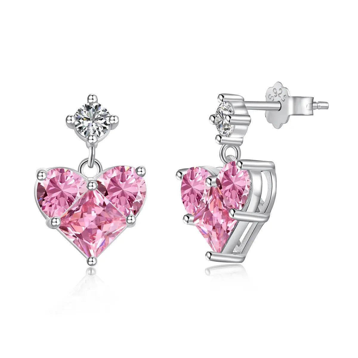 Clear Pink Heart Dangle Earrings – S925 Silver with 5A Zirconia