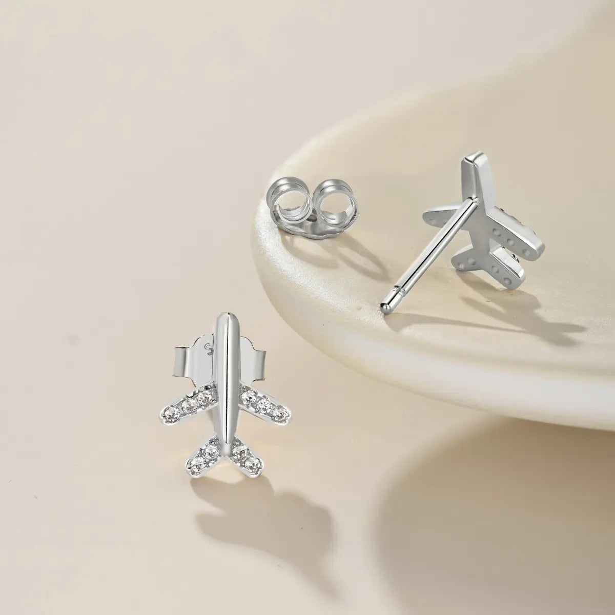 Airplane Shape Stud Earrings – S925 Silver with 5A Cubic Zirconia