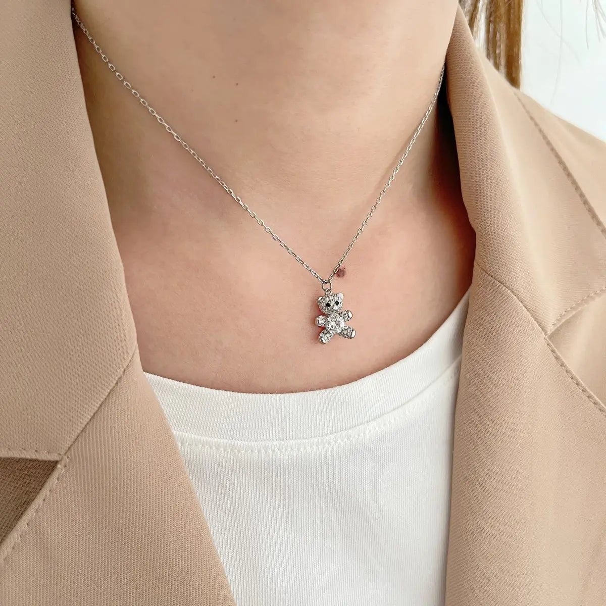 Adorable 925 Sterling Silver Bear Pendant Necklace with 5A Cubic Zirconia – Cute Fine Fashion Jewelry for Women & Girls