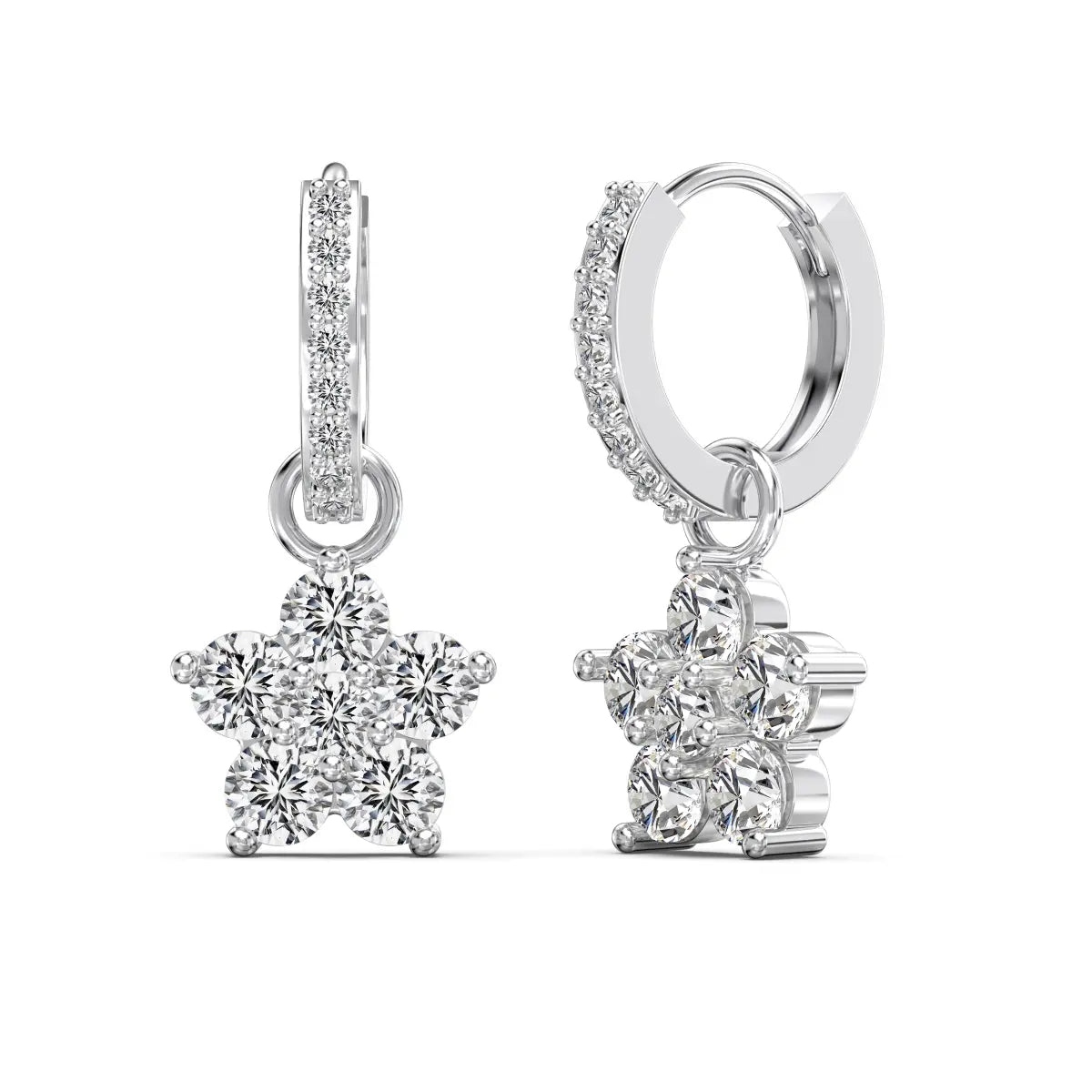 Star Flower Dangle Hoop Earrings – Rhodium-Plated S925 Silver