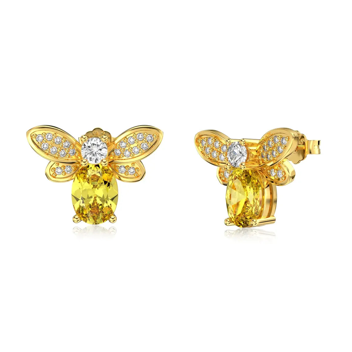 Bee Stud Earrings – Sterling Silver with 18K Gold Plating & 5A Zirconia Topaz Stones