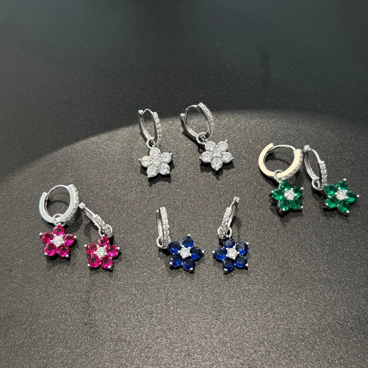 Star Flower Dangle Hoop Earrings – Rhodium-Plated S925 Silver