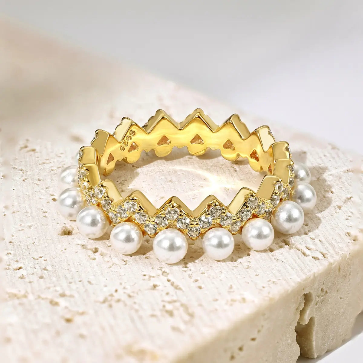 18K Gold Plated Sterling Silver Zigzag Band with Pearls and 5A Zircon Stones