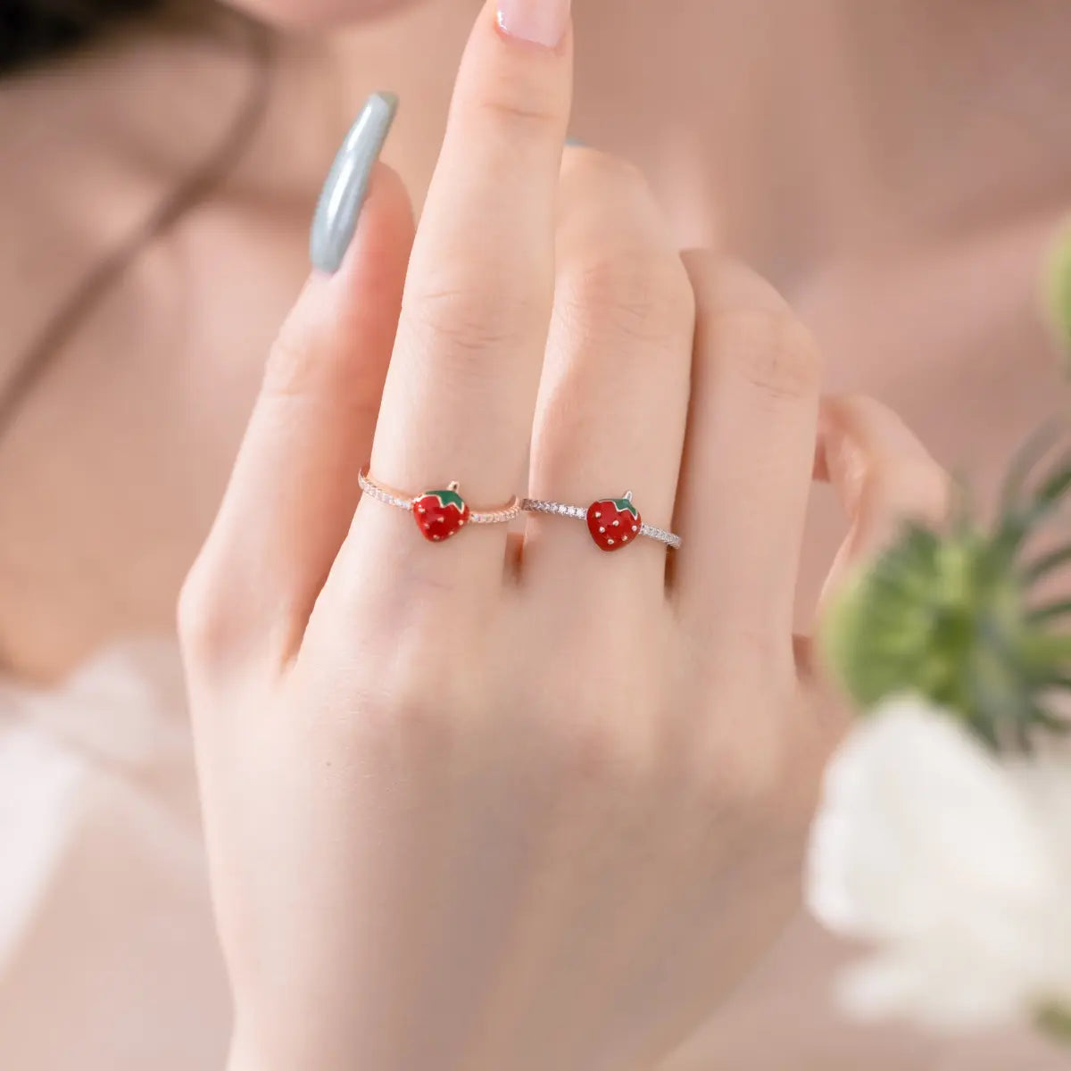 Tiny 925 Silver Rose Gold Plated Cartoon Strawberry Dainty Jewelry Ring