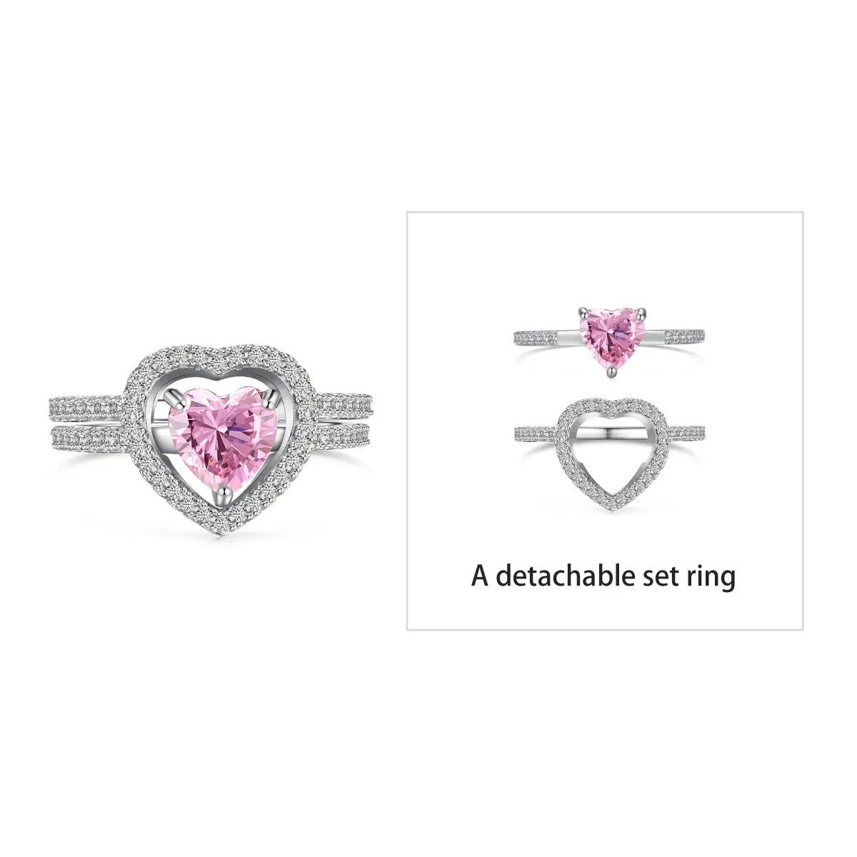 Detachable Heart Shape Ring Set – 925 Sterling Silver with 5A CZ