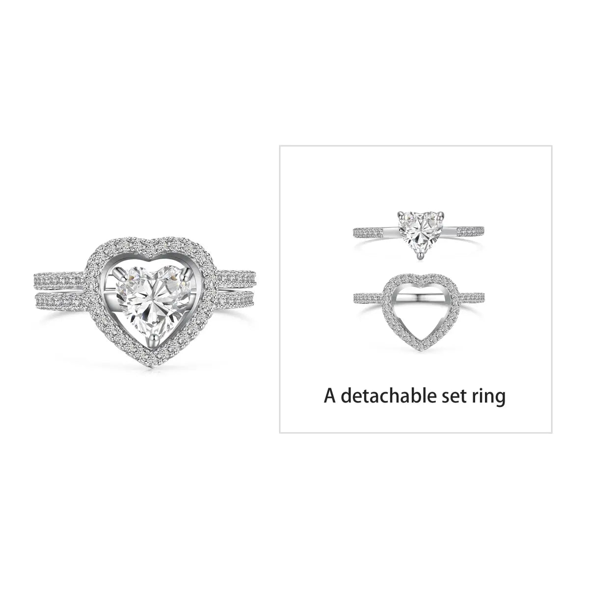 Detachable Heart Shape Ring Set – 925 Sterling Silver with 5A CZ