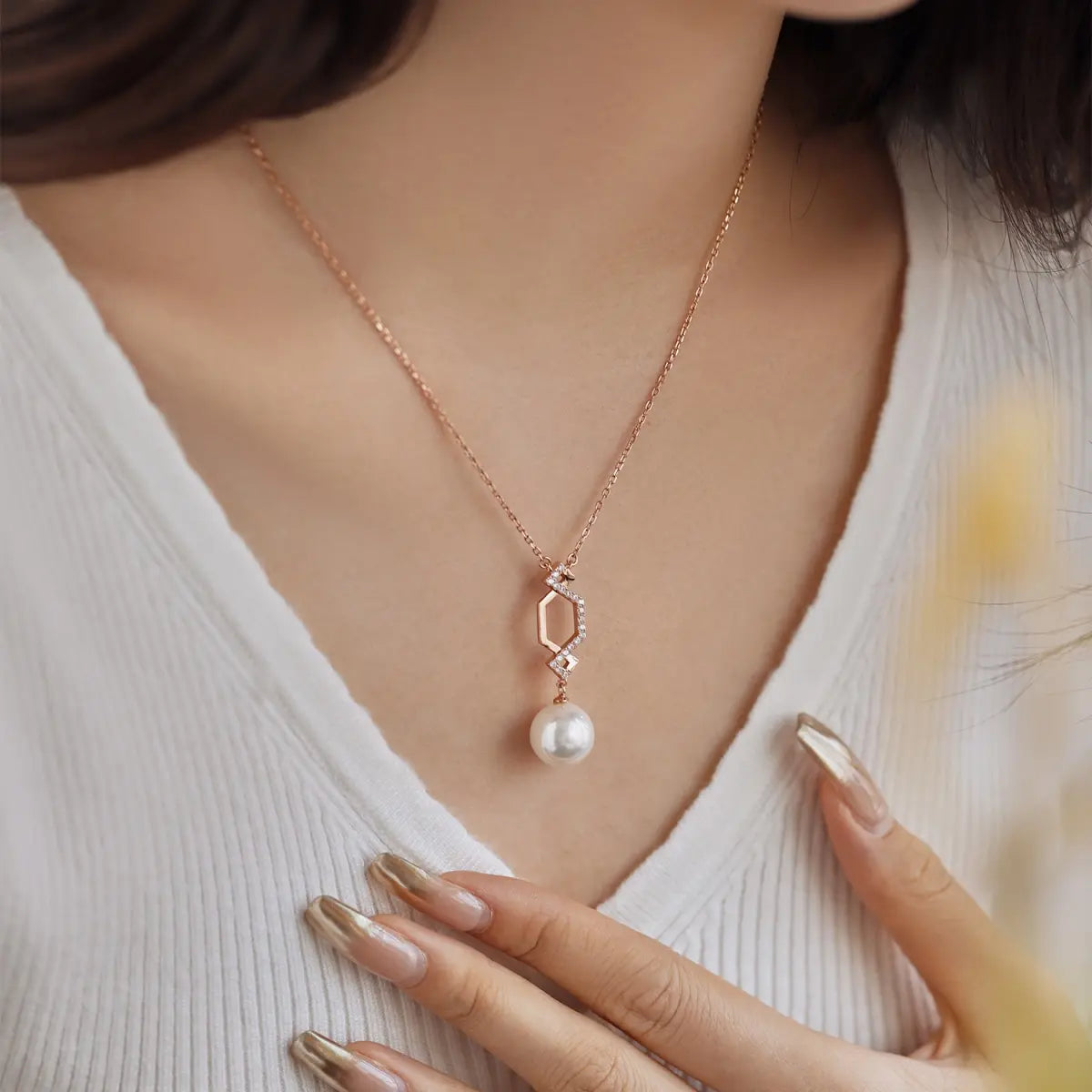 Pearl Dangle Pendant Necklace – Rose Gold Plated S925 Silver with 5A CZ