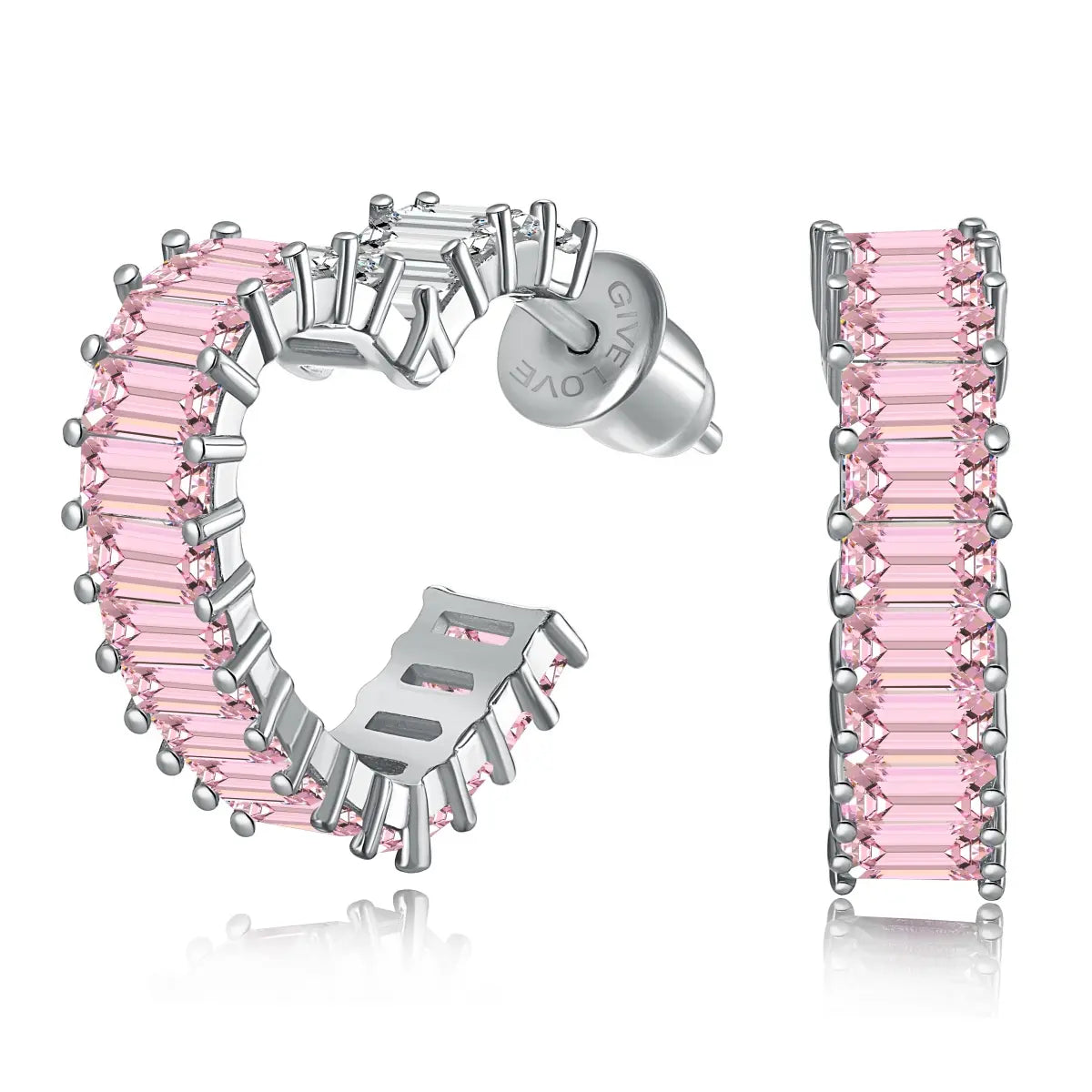 Heart-Shaped Pink Diamond Stud Earrings – 925 Silver Baguette Design