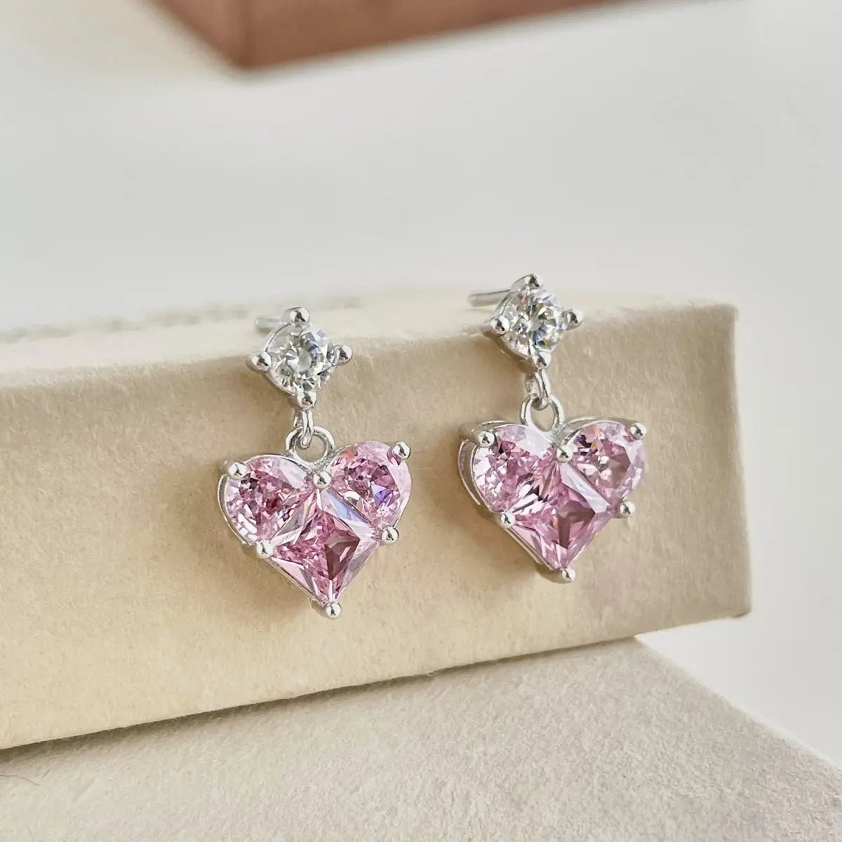 Clear Pink Heart Dangle Earrings – S925 Silver with 5A Zirconia