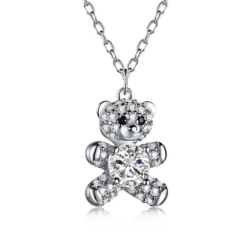 Adorable 925 Sterling Silver Bear Pendant Necklace with 5A Cubic Zirconia – Cute Fine Fashion Jewelry for Women & Girls